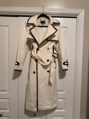 Karen Millen Cream Trench Coat with Brown Trim
